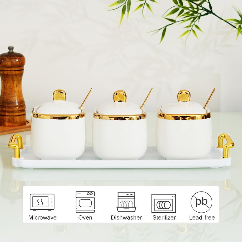 EABOSON 3 Pack Gold Condiment Spice Jars with Lids, Spoons, Tray - Ceramic Seasoning Box Set for Salt, Pepper, Sugar - Kitchen Storage - Image 3